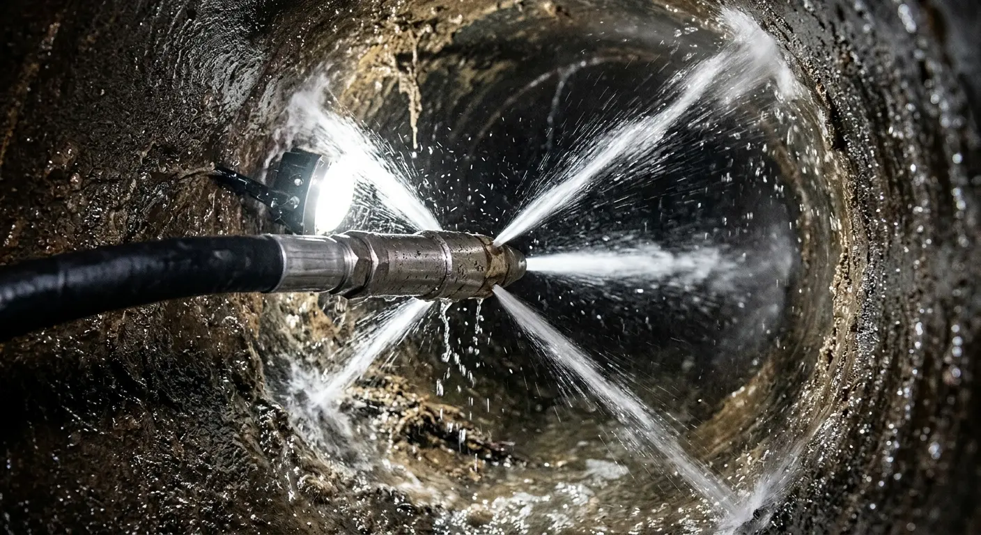 High-pressure hydro jetting nozzle cleaning sewer pipe for Sewer Line Relining in Fort Lewis