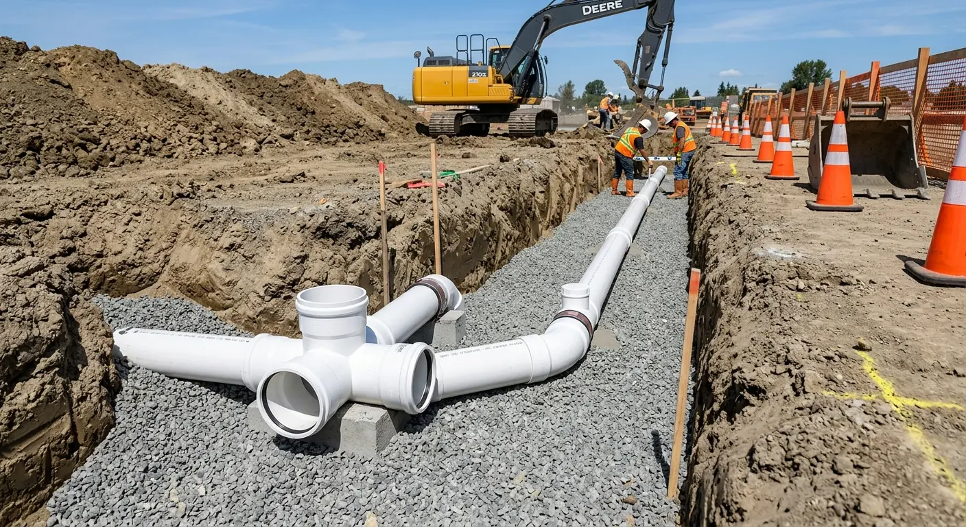 New PVC sewer pipe installation in open trench for Commercial Drain Cleaning in Fort Lewis