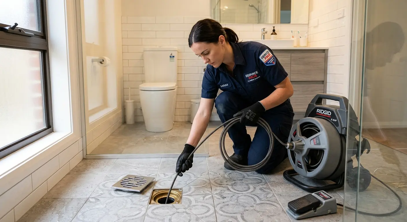 Technician clearing a bathroom floor drain for Sewer Line Replacement in Fort Lewis